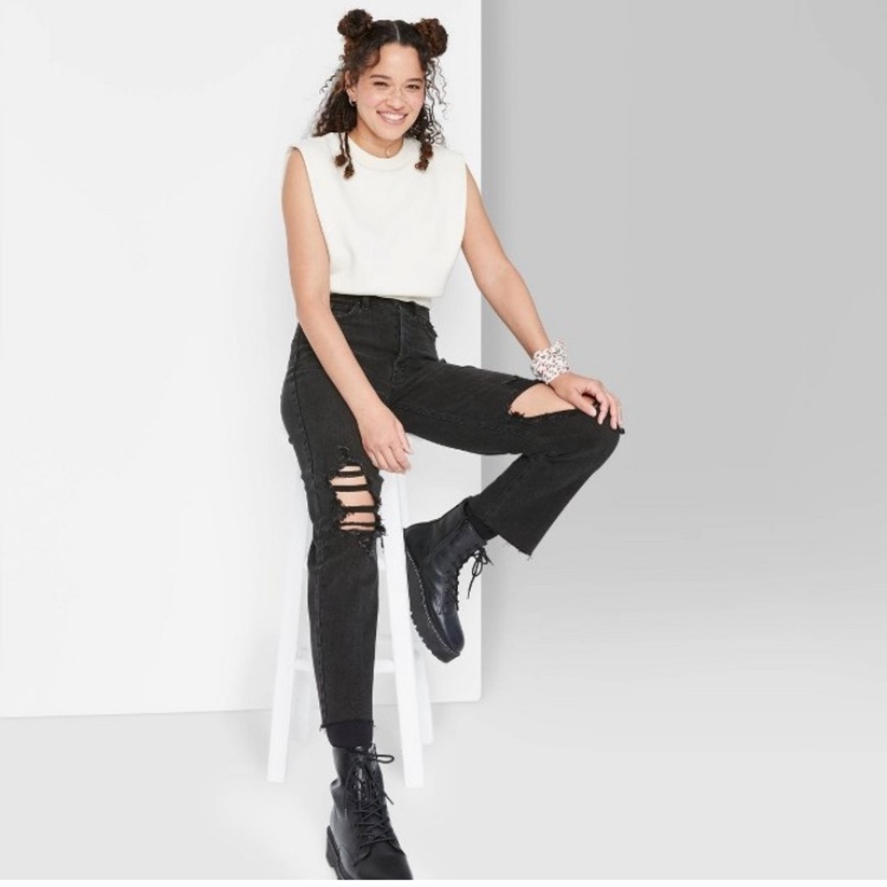 Super-High Rise Distressed Straight Jeans